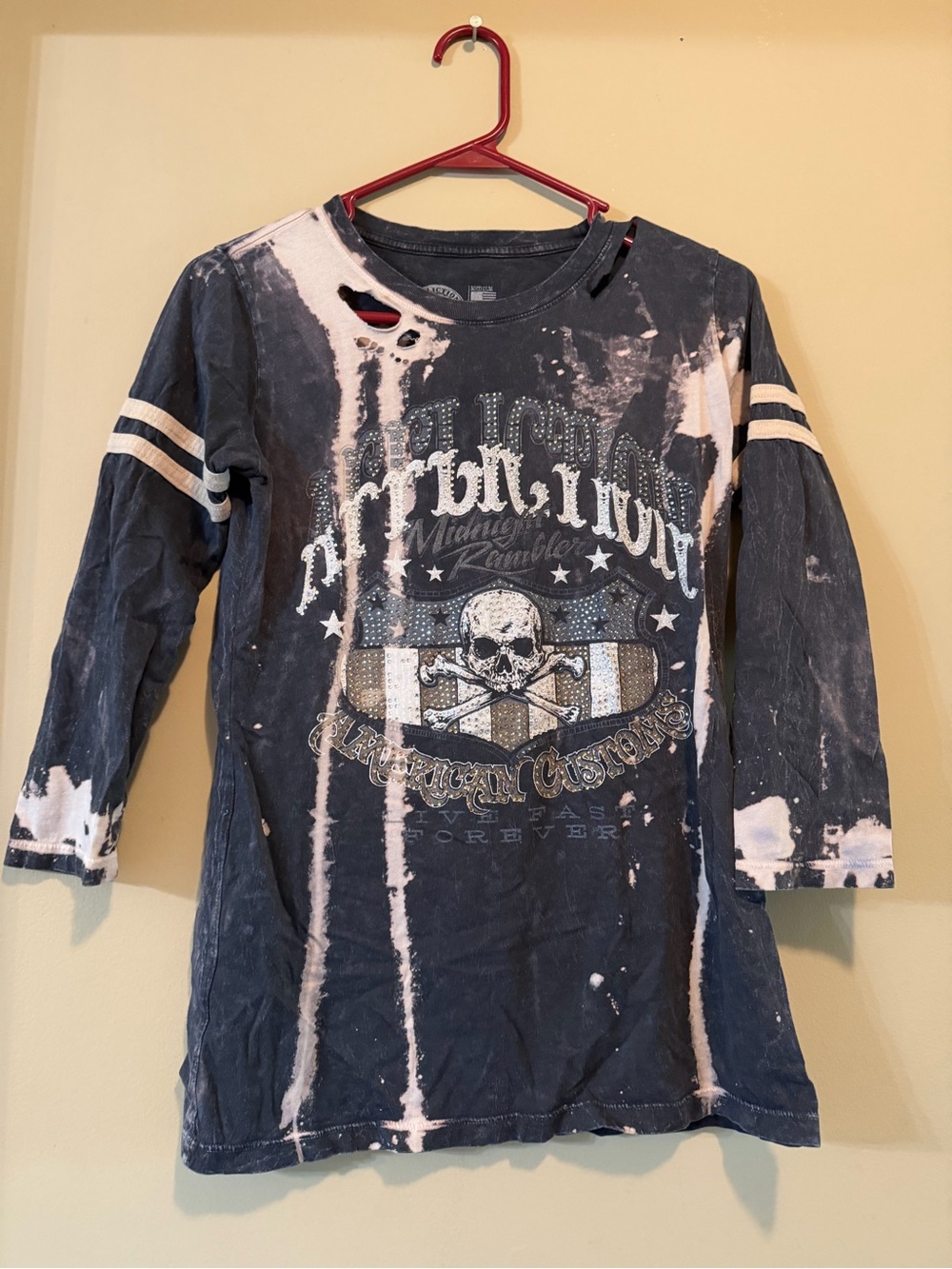Affliction Black & Bleach-Pink Distressed Skull Long Sleeve Tee